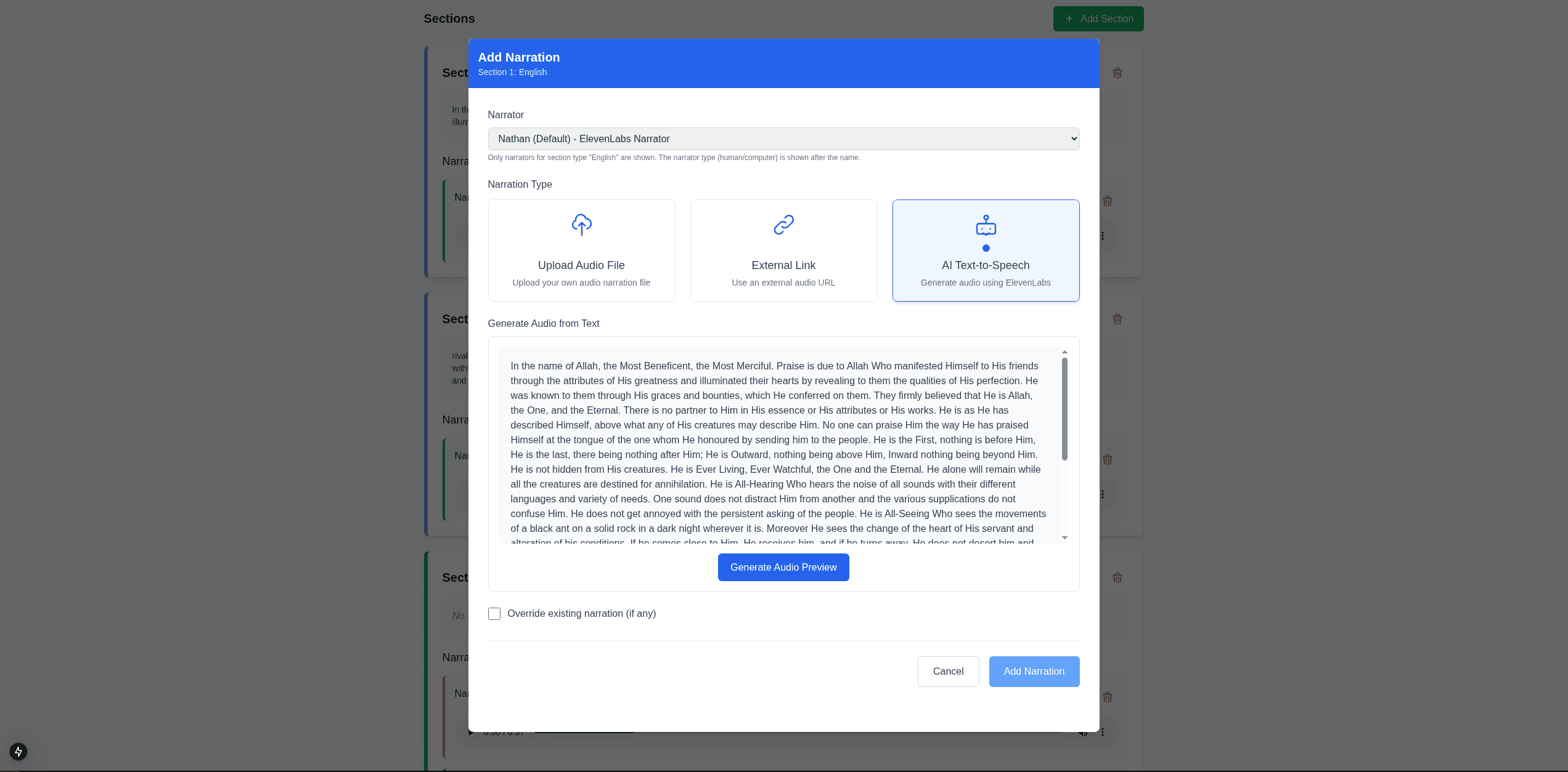 Hikma Library management studio - generating an AI narration preview